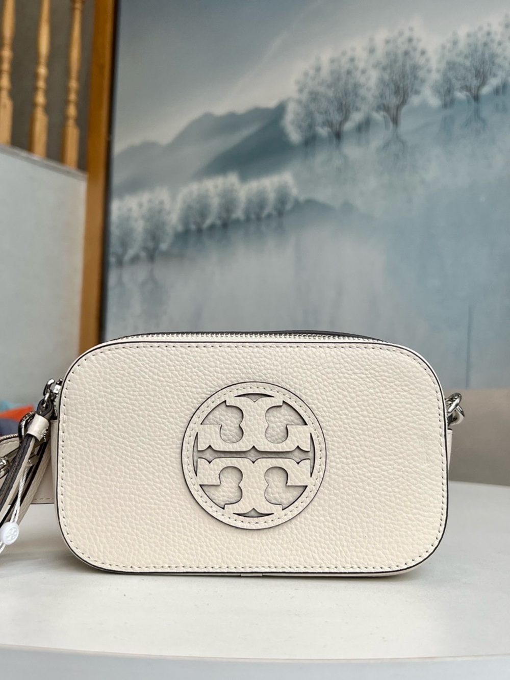 Tory Burch White Crossbody - Patterned Strap Suede Lining